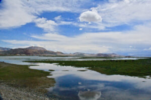 Scenic view of Lake Natron in Tanzania with calm reflective waters, green plains, and distant hills under a blue sky.