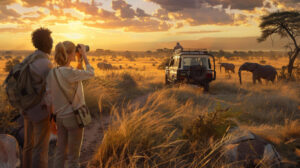 Travelers on a luxury safari trip photographing elephants at sunset from a scenic African savannah.