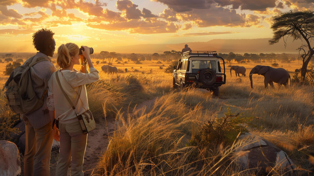Travelers on a luxury safari trip photographing elephants at sunset from a scenic African savannah.