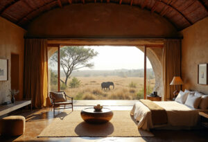 Luxury safari lodge suite with an open view of the African savannah and an elephant walking by outside.