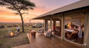 Luxury safari lodge in Serengeti National Park Tanzania overlooking the Great Migration at sunset