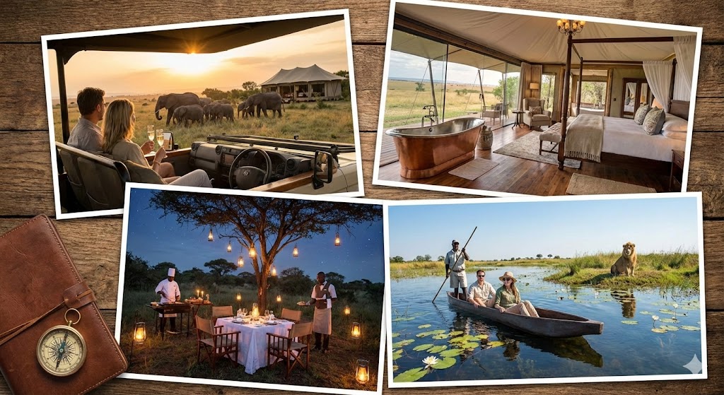 Collage of luxury safari packages featuring game drives with elephants, elegant tented lodge interiors, private bush dining, and guided water safaris.