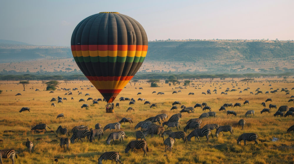 Hot air balloon safari floating over the Serengeti plains with zebras grazing below in Tanzania