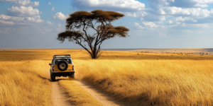 Safari vehicle driving through golden savannah grasslands in Africa under a lone acacia tree