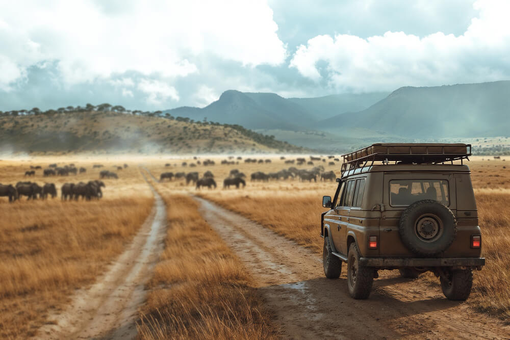 Private game drive in Tanzania with safari vehicle on dirt road overlooking a herd of elephants in the savannah