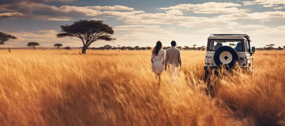 Couple walking through golden grasslands near a safari jeep during a Serengeti safari adventure – Serengeti Safari Packages