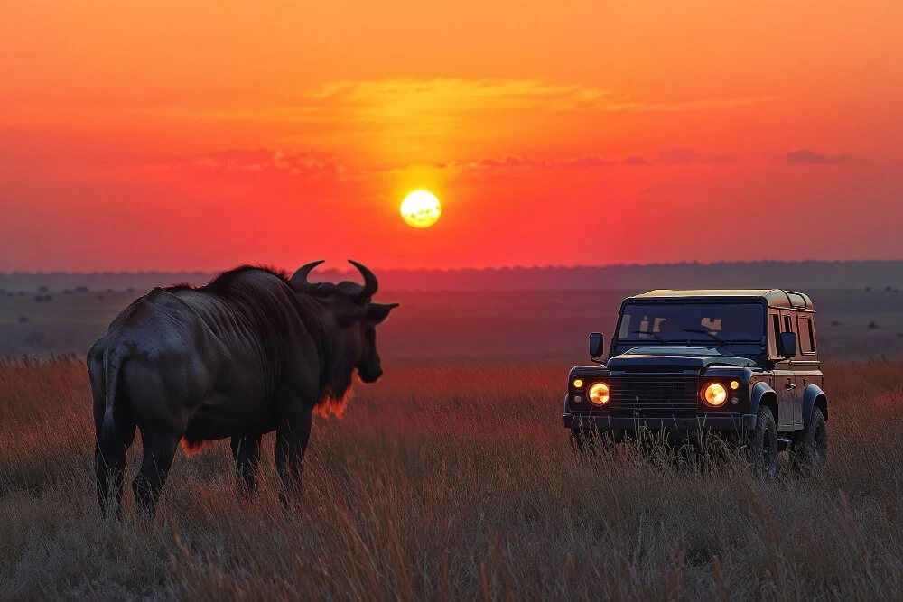 Luxury safari jeep near wildebeest at sunset in Serengeti, Tanzania