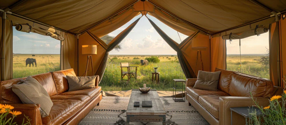 Luxury safari tent lodge overlooking Serengeti National Park wildlife