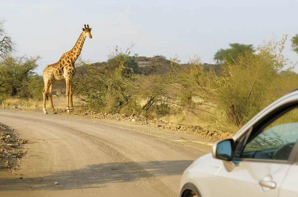 Giraffe crossing road during Serengeti safari in Tanzania at ideal travel season