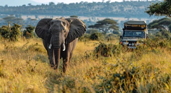 Elephant walking near safari jeep during African safari in Tanzania