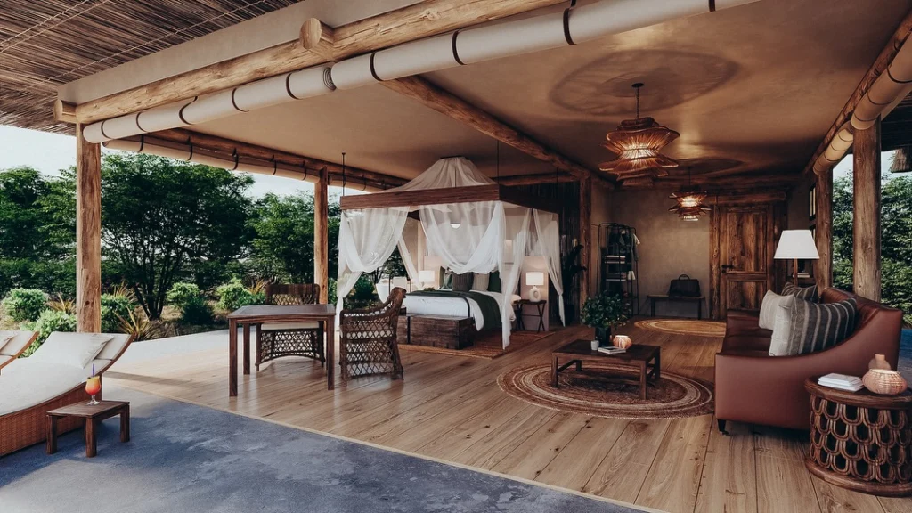 Luxury open-air safari lodge suite in Serengeti Tanzania